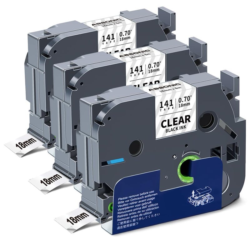 Absonic 3-Pack Tze 141 18mm 0.7" Laminated Clear Tape Compatible for Brother Tze-141 Tze141 Tz-141 Tz141 3/4" Clear P Touch Tze Tz 18mm Label Maker Tape for PTD410 PTD460 PTD400 PTD600 PTD610BT - Image 1